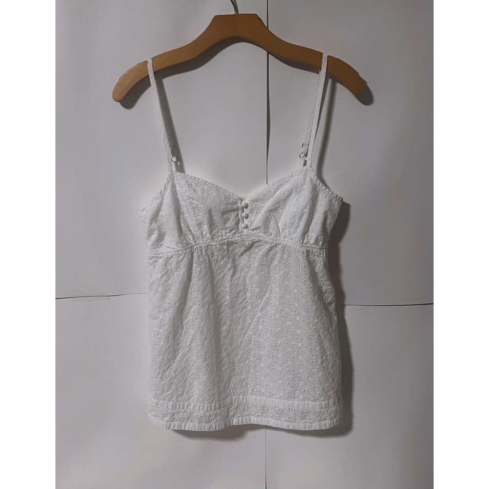 Express 2011 White Eyelet Smocked Cami Blouse Y2K Babydoll Tank Top Women Small